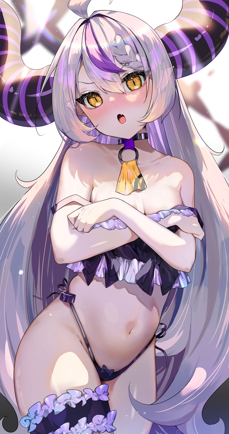 cadorunrun garter hololive horns la+_darknesss lingerie loli no_bra pantsu pointy_ears string_panties undressing