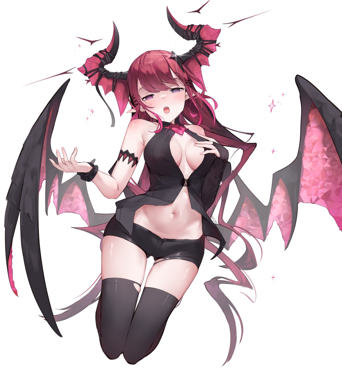 devil heterochromia hololive hololive_english horns irys_(hololive) namiorii no_bra open_shirt pointy_ears thighhighs torn_clothes wings