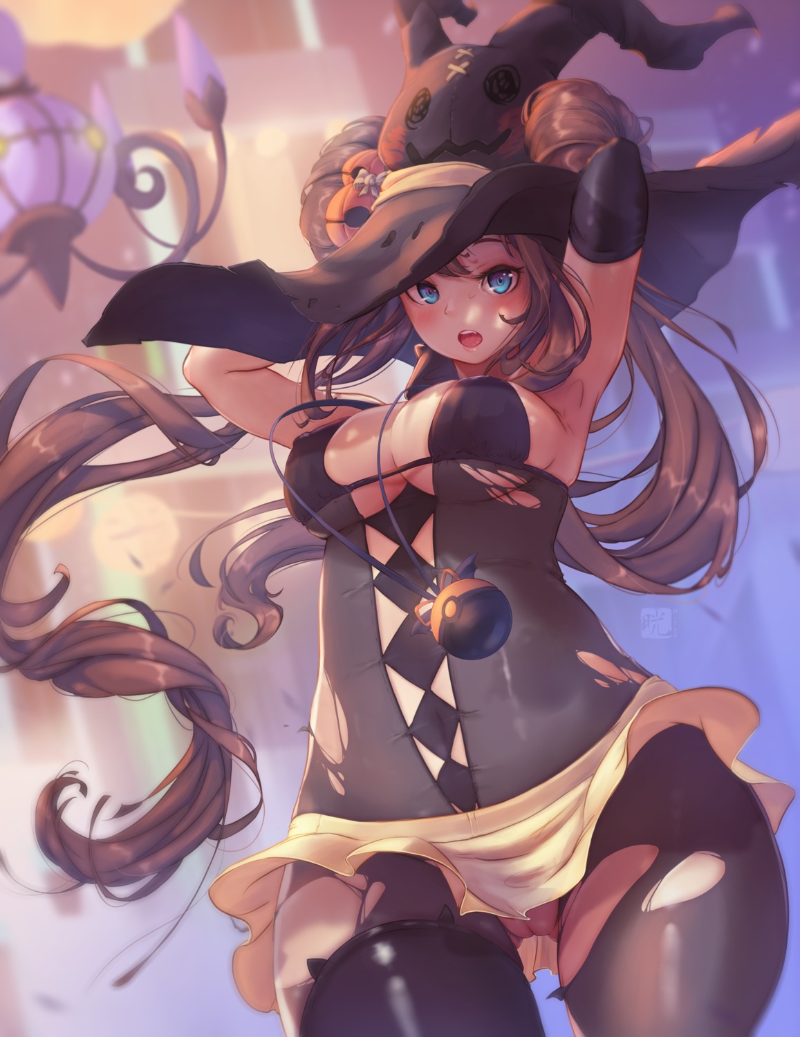 bodysuit bra chandelure halloween mei_(pokemon) mitsu_(mitsu_art) nopan pokemon pokemon_b2w2 pussy skirt_lift thighhighs torn_clothes uncensored witch