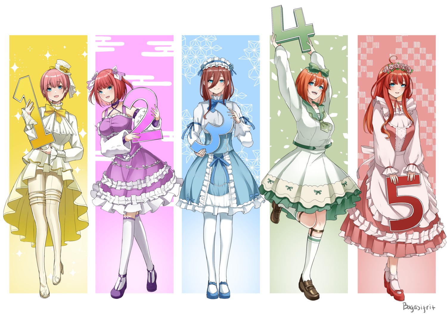 5-toubun_no_hanayome bagasifrit garter heels lolita_fashion nakano_ichika nakano_itsuki nakano_miku nakano_nino nakano_yotsuba stockings thighhighs