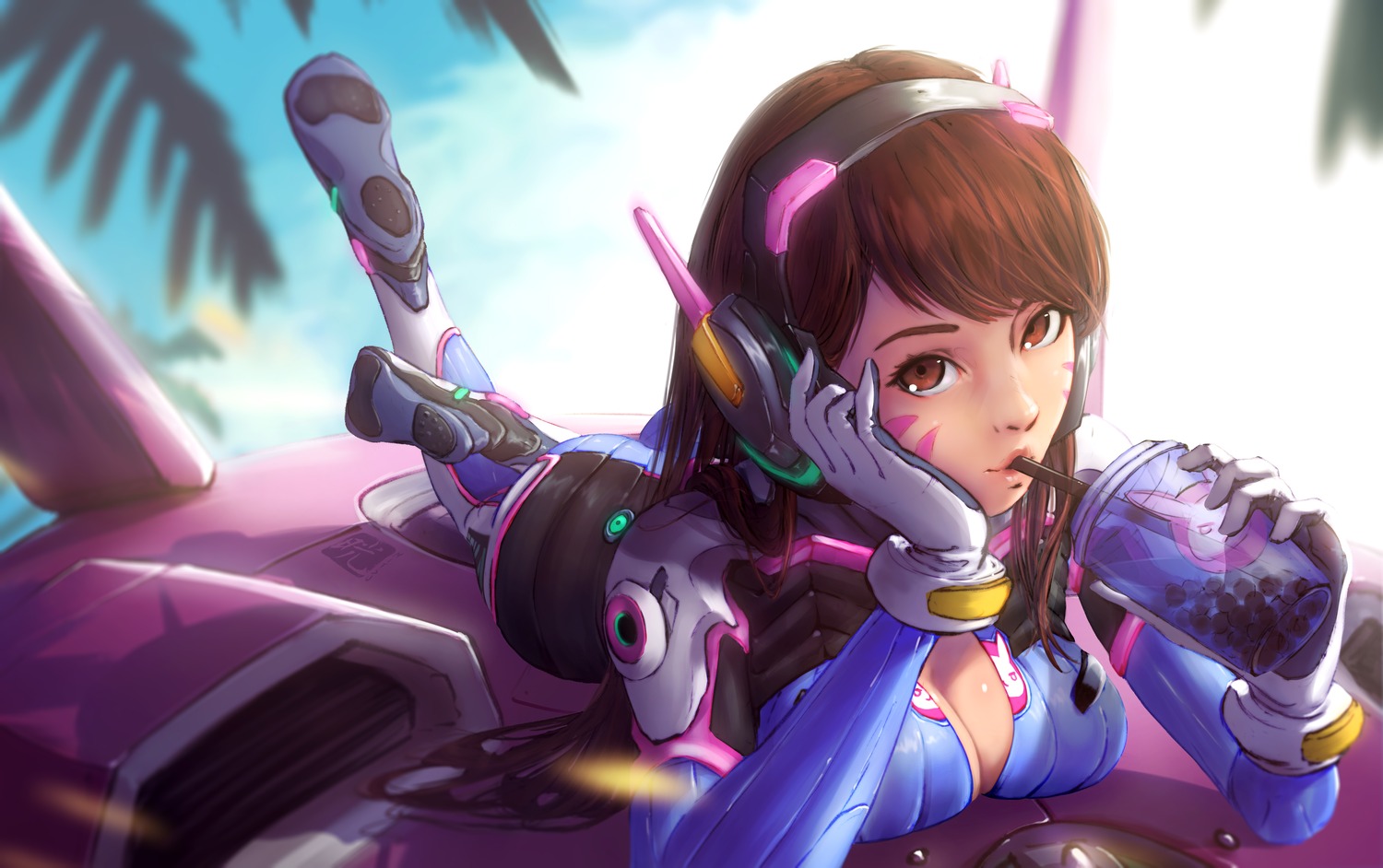 bodysuit cleavage d.va headphones mitsu_(mitsu_art) no_bra open_shirt overwatch