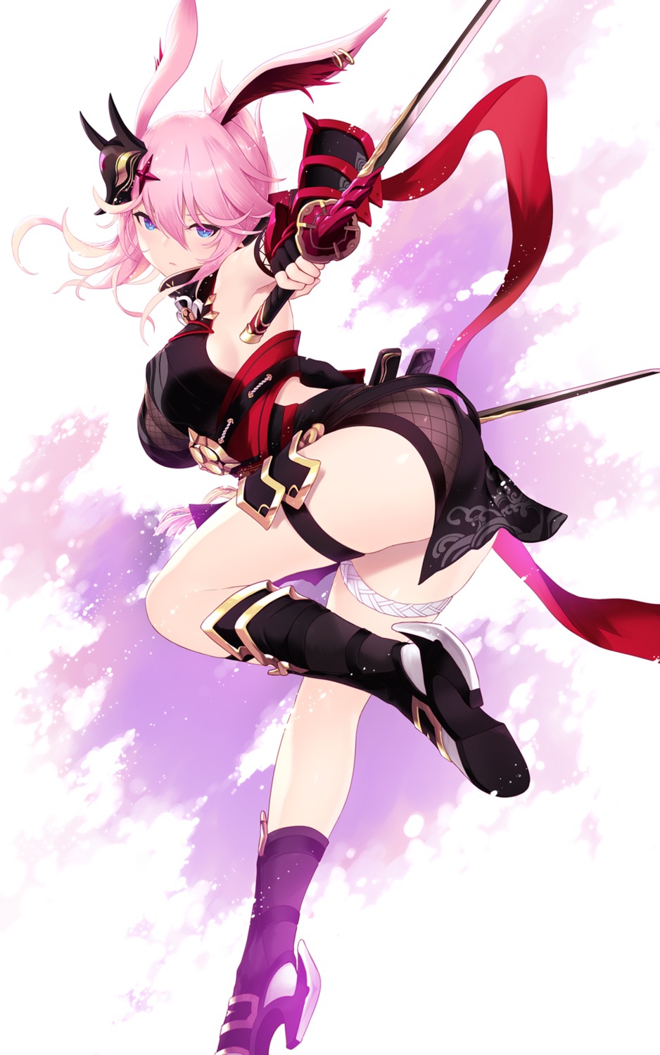 animal_ears armor ass benghuai_xueyuan bunny_ears cait fishnets garter heels honkai_impact japanese_clothes sword yae_sakura_(benghuai_xueyuan)