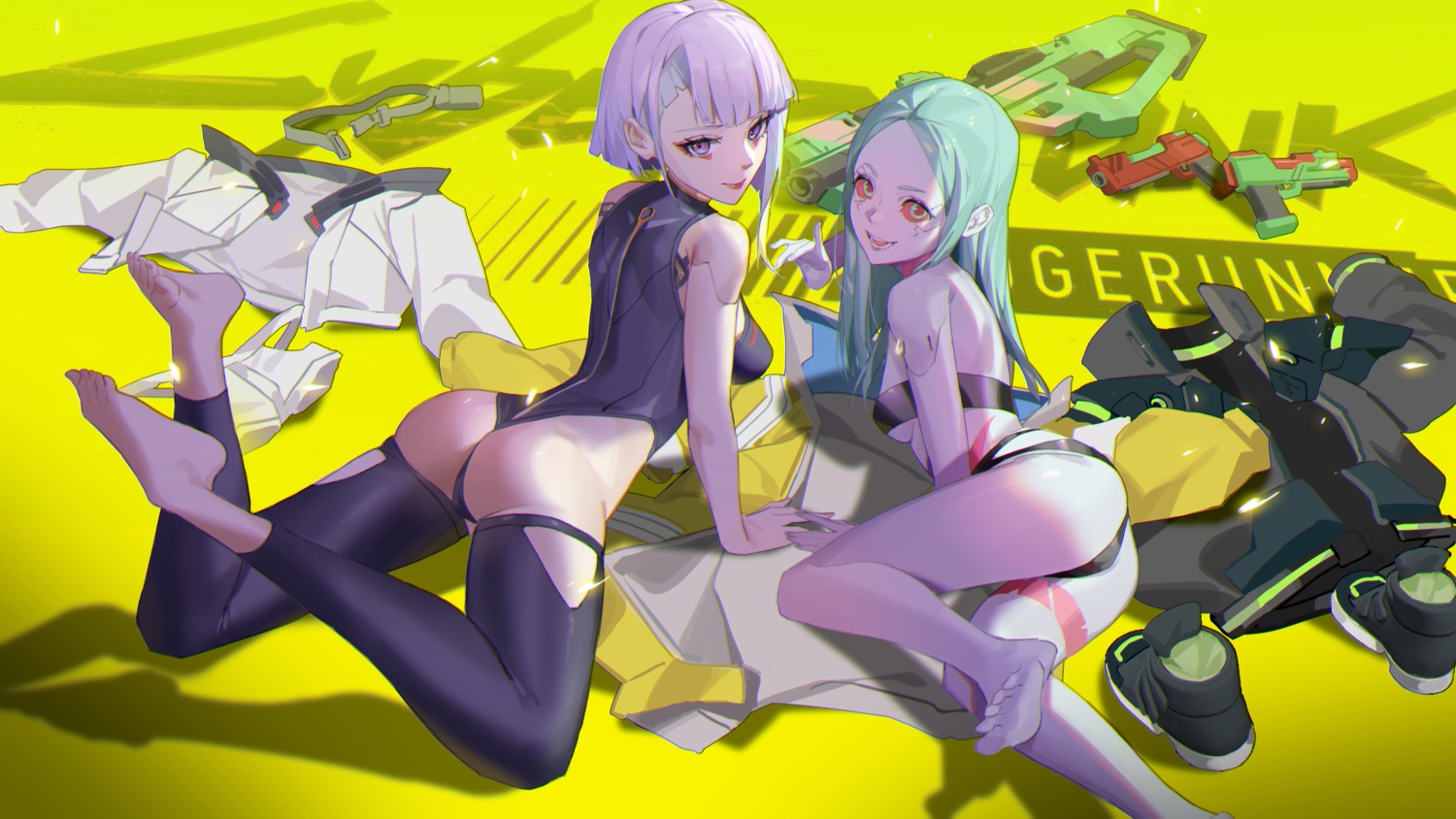 ass bigroll bra cyberpunk:_edgerunners cyberpunk_2077 feet gun leotard lucy_(cyberpunk) mecha_musume pantsu rebecca_(cyberpunk) thighhighs thong