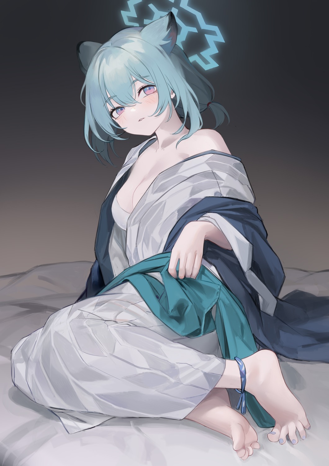 animal_ears blue_archive halo mayoi_shigure nagata_gata no_bra open_shirt yukata