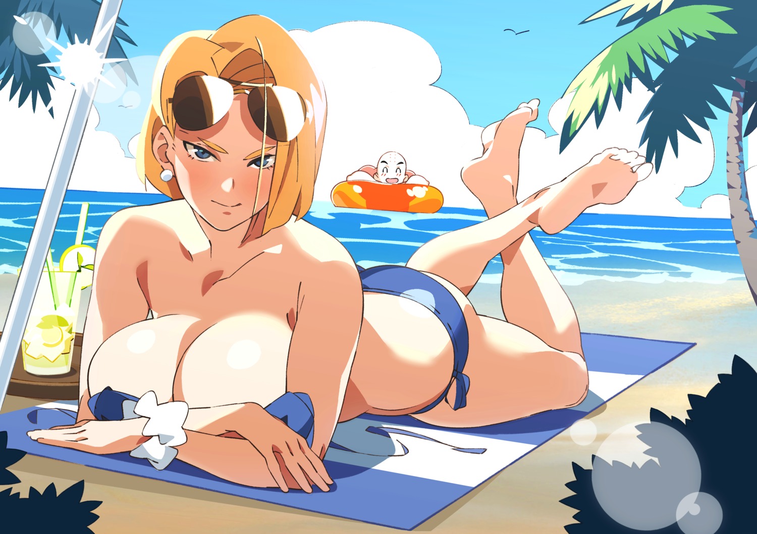 android_18 bikini breast_hold dragon_ball dragon_ball_z feet kuririn megane nisego swimsuits topless