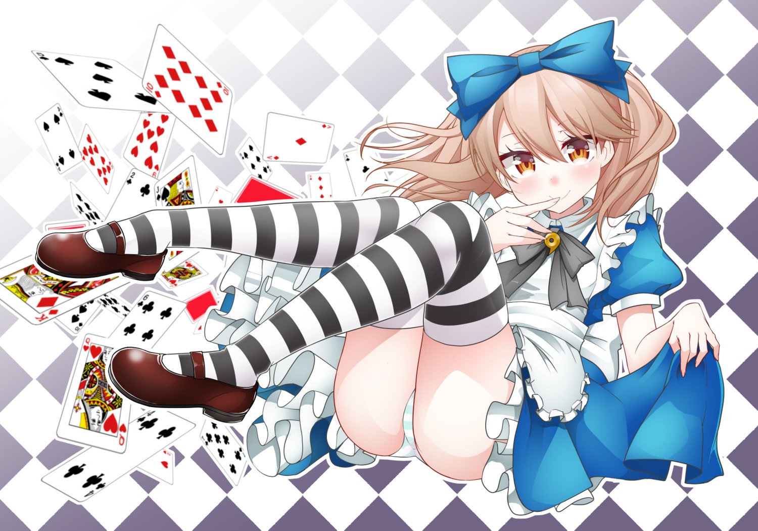 alice alice_in_wonderland cosplay dress heels kantai_collection kirigakure_(kirigakure_tantei_jimusho) pantsu ryuujou_(kancolle) shimapan skirt_lift thighhighs