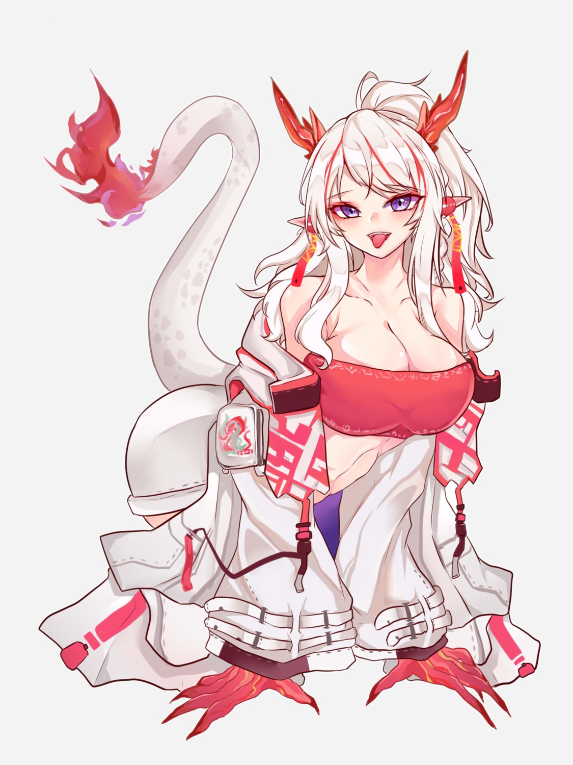 arknights horns kive nian_(arknights) no_bra pointy_ears tail tattoo