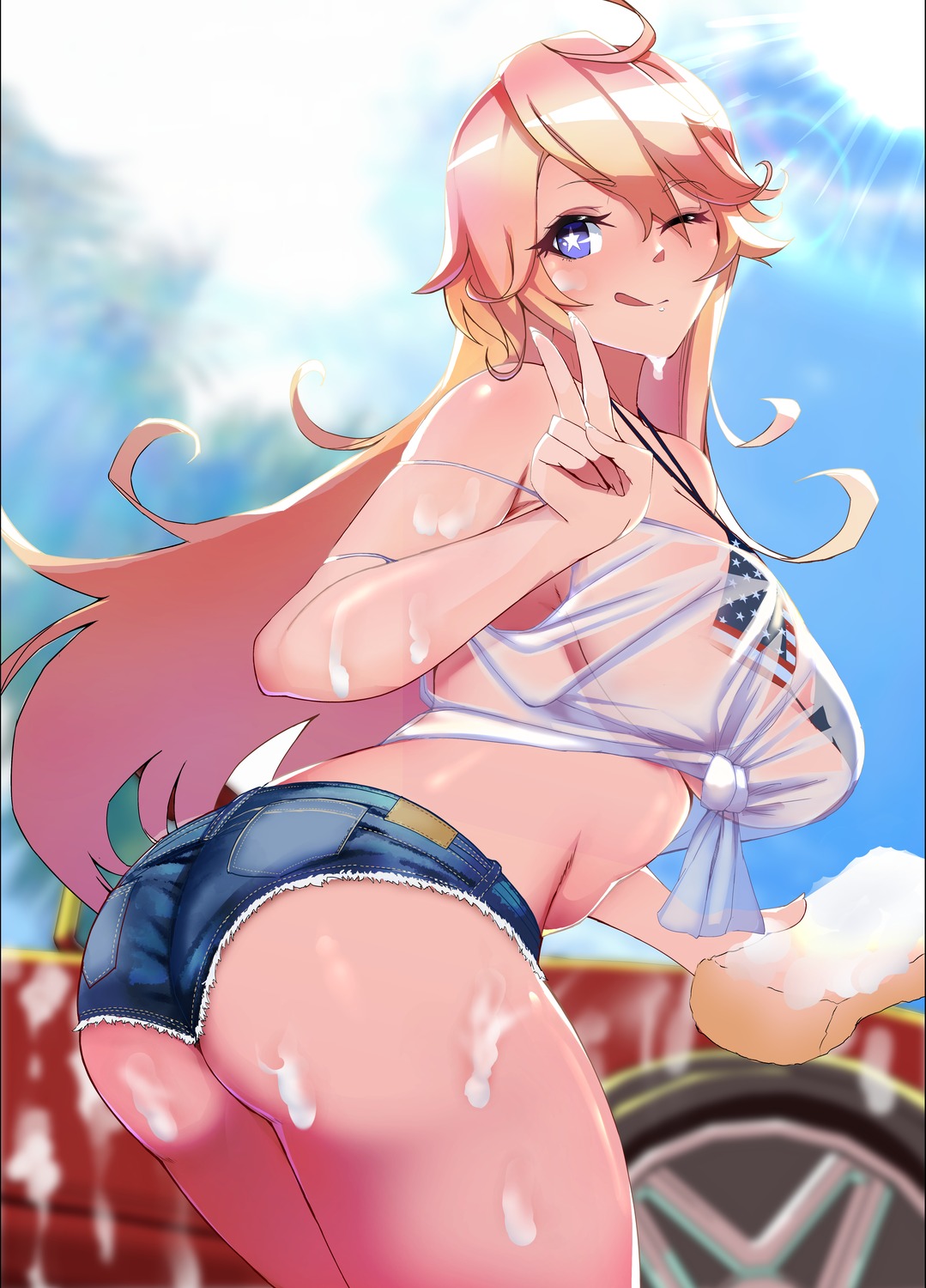 ass bikini_top cream iowa_(kancolle) kantai_collection oniken see_through swimsuits torn_clothes wet wet_clothes