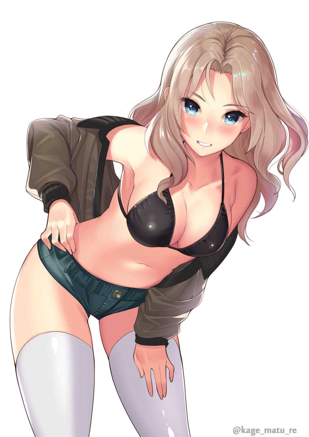 bikini_top cleavage girls_und_panzer kagematsuri kay_(girls_und_panzer) open_shirt swimsuits thighhighs