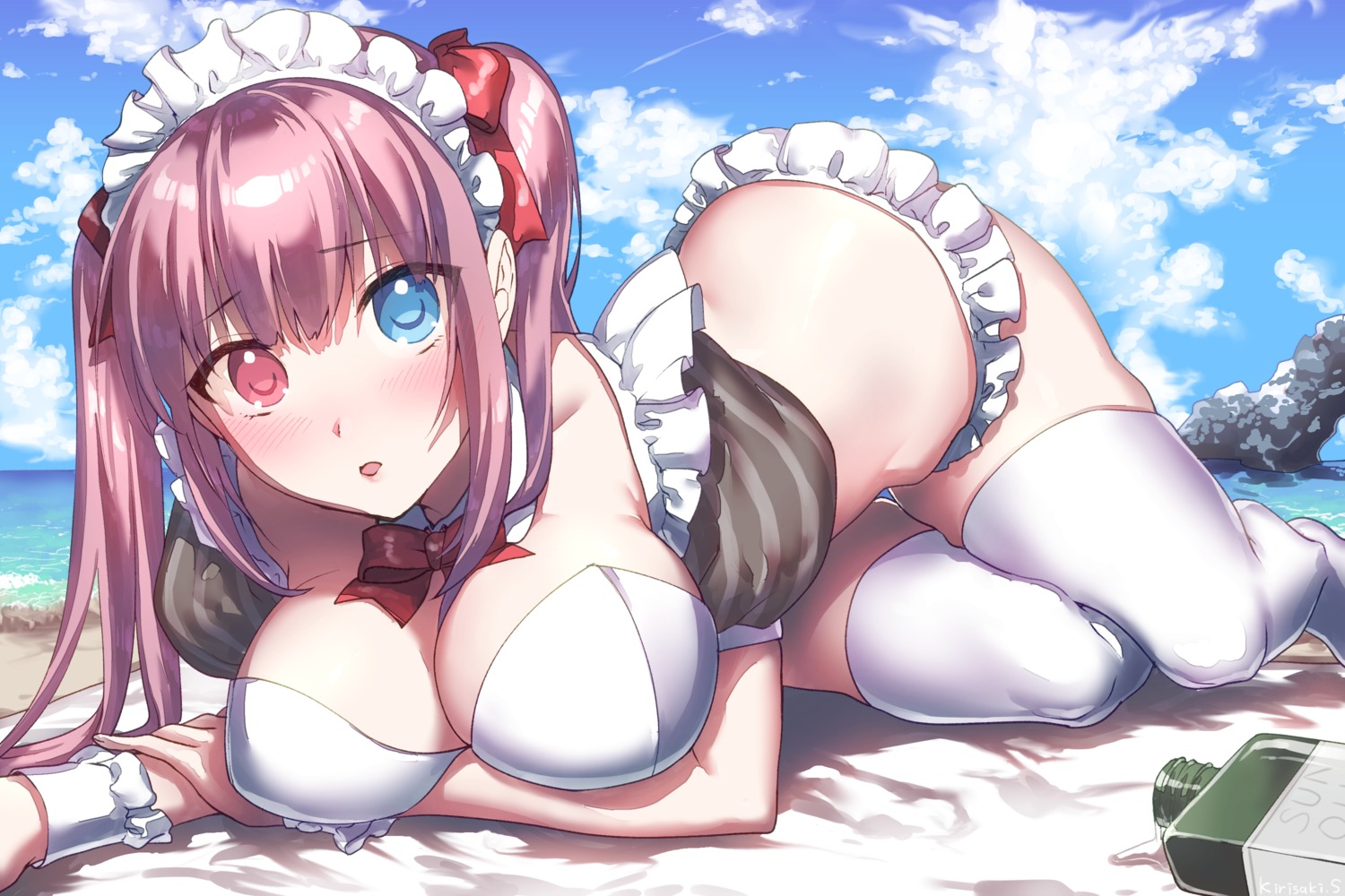 breast_hold cleavage heterochromia kirisaki_shuusei maid shirt_lift swimsuits thighhighs