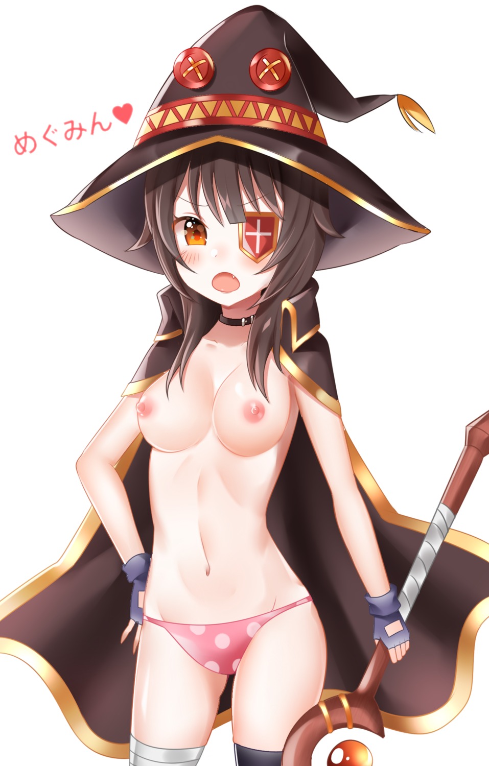 bandages breasts eyepatch kono_subarashii_sekai_ni_shukufuku_wo! megumin naked_cape nipples no_bra pantsu thighhighs tl_astral7536 weapon witch