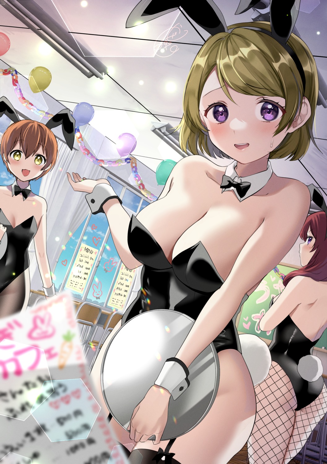 animal_ears ass bunny_ears bunny_girl fishnets hoshizora_rin kazepana koizumi_hanayo love_live! nishikino_maki no_bra pantyhose stockings tail thighhighs waitress