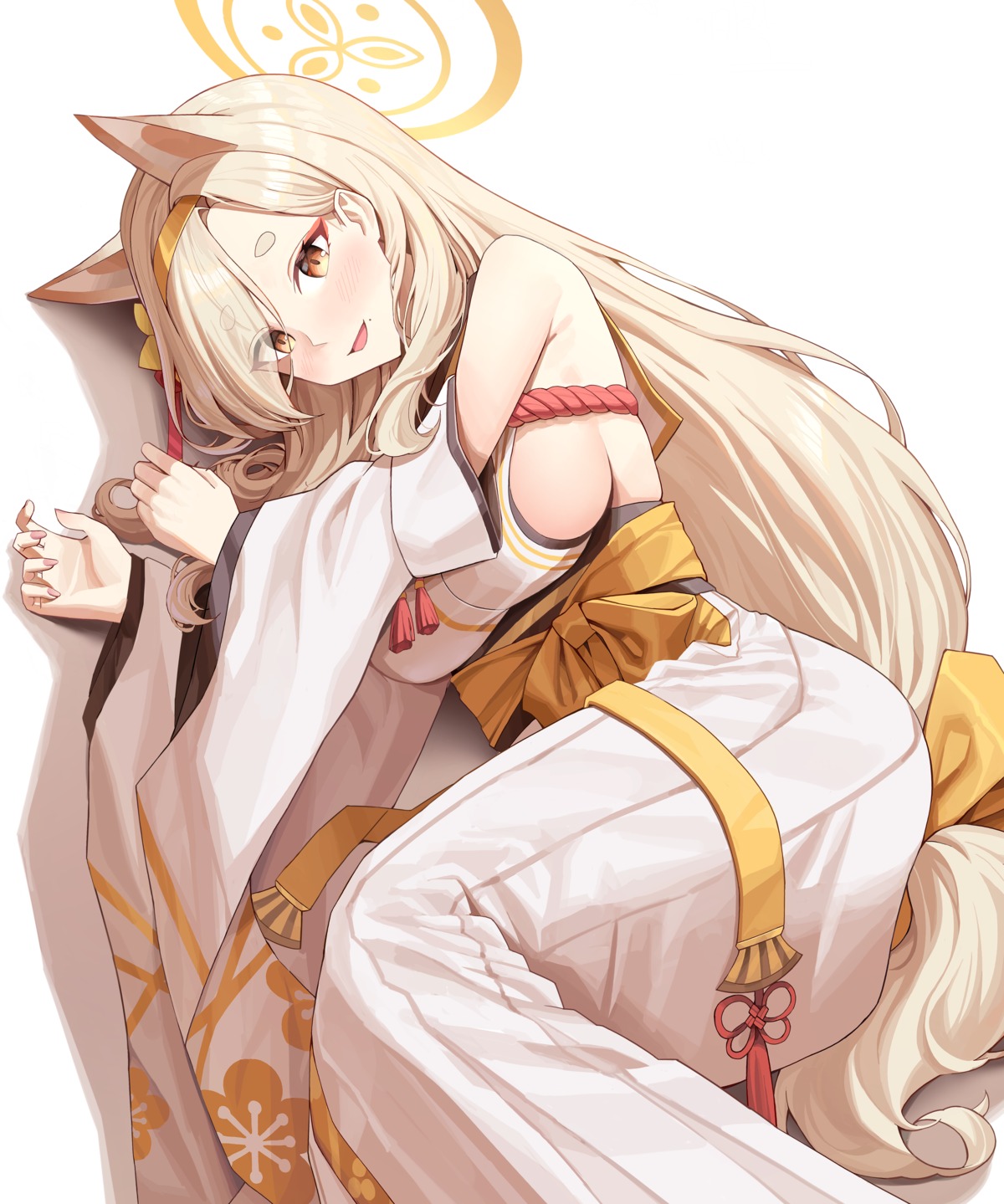 animal_ears blue_archive halo hinen japanese_clothes kitsune kuwakami_kaho no_bra tail