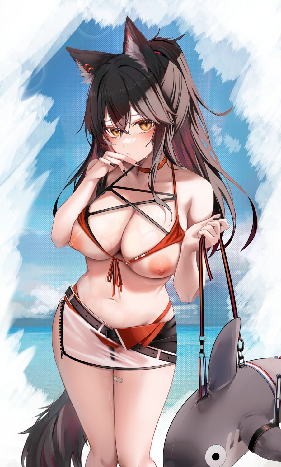 animal_ears arknights bandaid bikini nipples ru_zhai see_through swimsuits tail texas_(arknights)