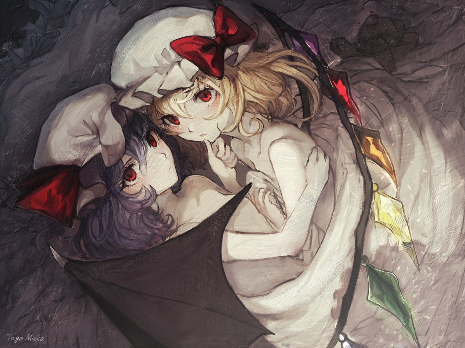 flandre_scarlet loli mochacot naked remilia_scarlet sheets touhou wings