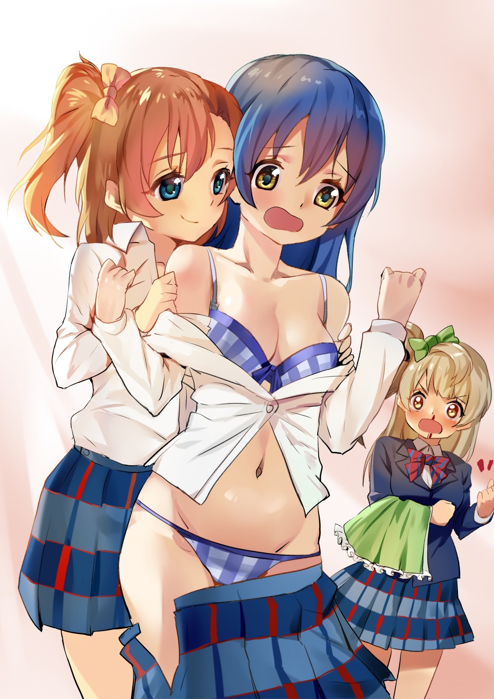 bra cleavage kousaka_honoka love_live! minami_kotori open_shirt pantsu seifuku shovelwall sonoda_umi undressing