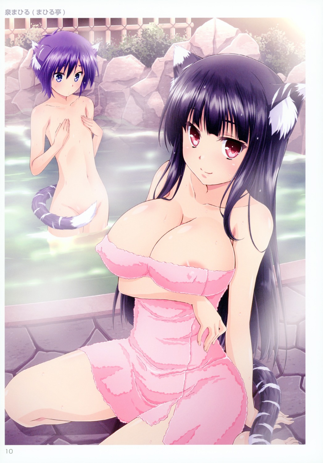 animal_ears areola bathing breast_hold erect_nipples izumi_mahiru loli onsen screening tail toranoana towel wet