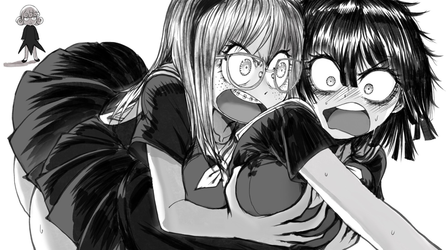 breast_grab dress fubuki_(one_punch_man) megane monochrome one_punch_man psykos_(one_punch_man) seifuku skirt_lift tatsumaki_(one_punch_man) thegoldensmurf yuri