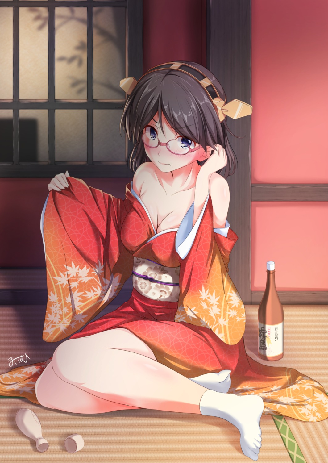 cleavage kantai_collection kimono kirishima_(kancolle) kudou_maimu megane open_shirt sake