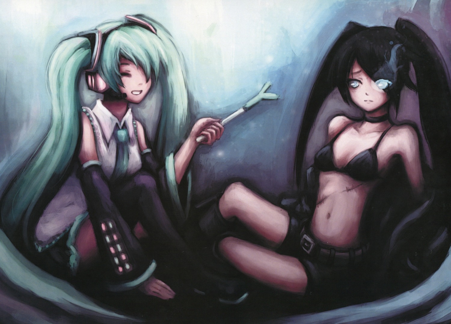 bikini_top black_rock_shooter black_rock_shooter_(character) hatsune_miku swimsuits tagme thighhighs vocaloid