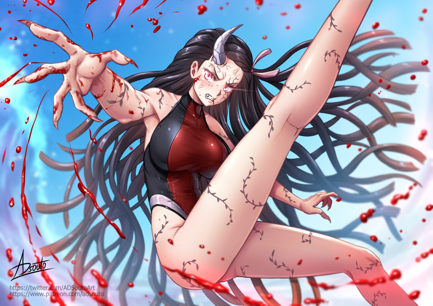 adsouto blood horns kamado_nezuko kimetsu_no_yaiba swimsuits tattoo