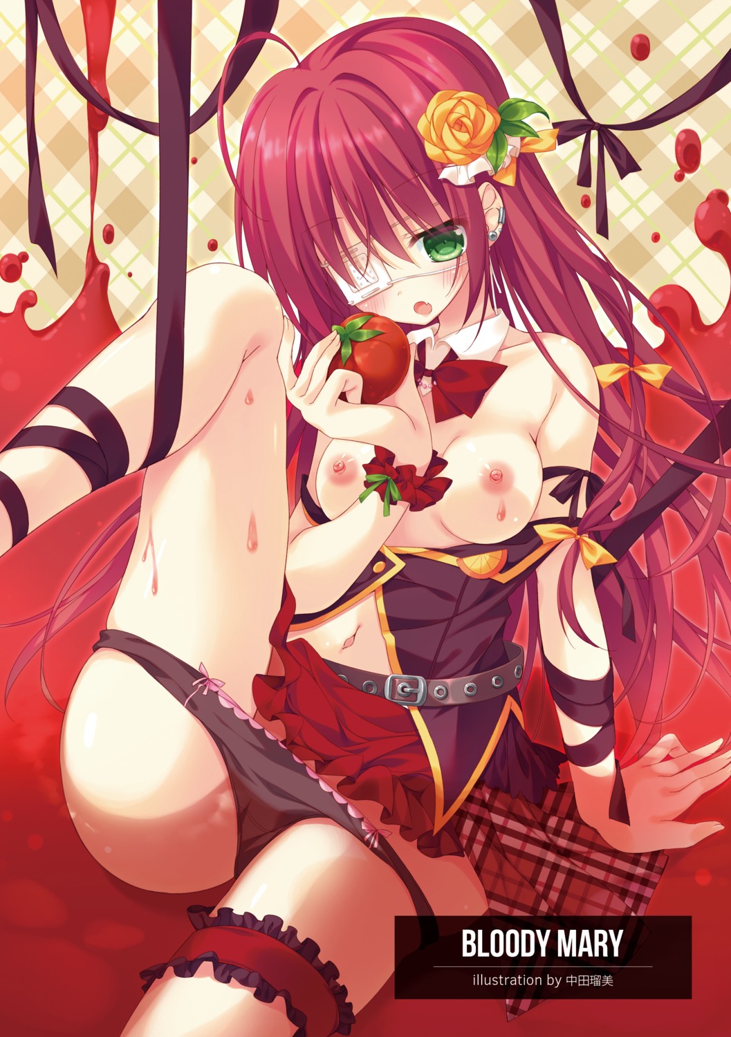 apupop breasts eyepatch garter nakada_rumi nipples no_bra open_shirt pantsu panty_pull