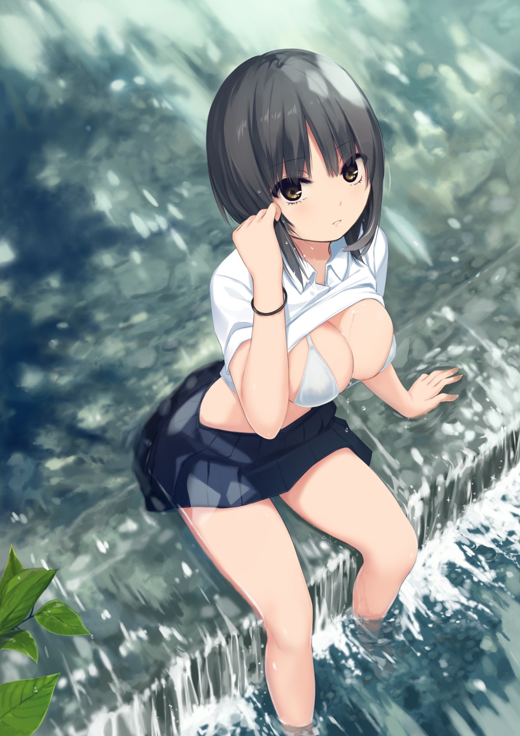 aoyama_sumika bra coffee-kizoku seifuku shirt_lift skirt_lift wet