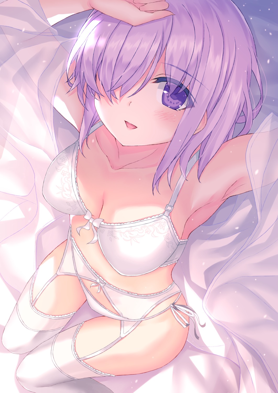 bra cleavage fate/grand_order garter_belt lingerie mash_kyrielight morizono_shiki open_shirt pantsu see_through stockings string_panties thighhighs