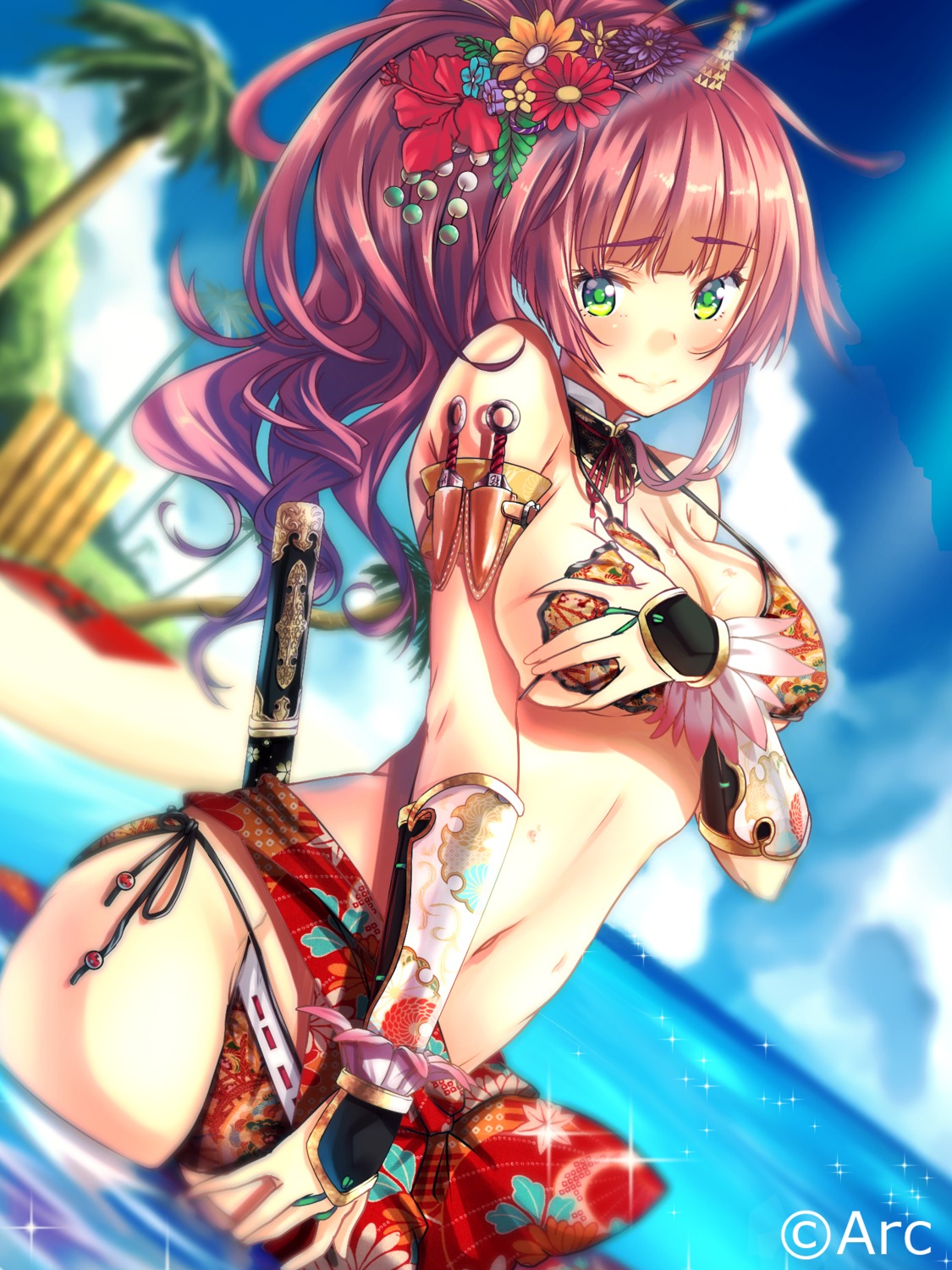 beniimo_danshaku bikini breast_grab cleavage horns sengoku_kishin_valkyrie swimsuits sword underboob weapon wet