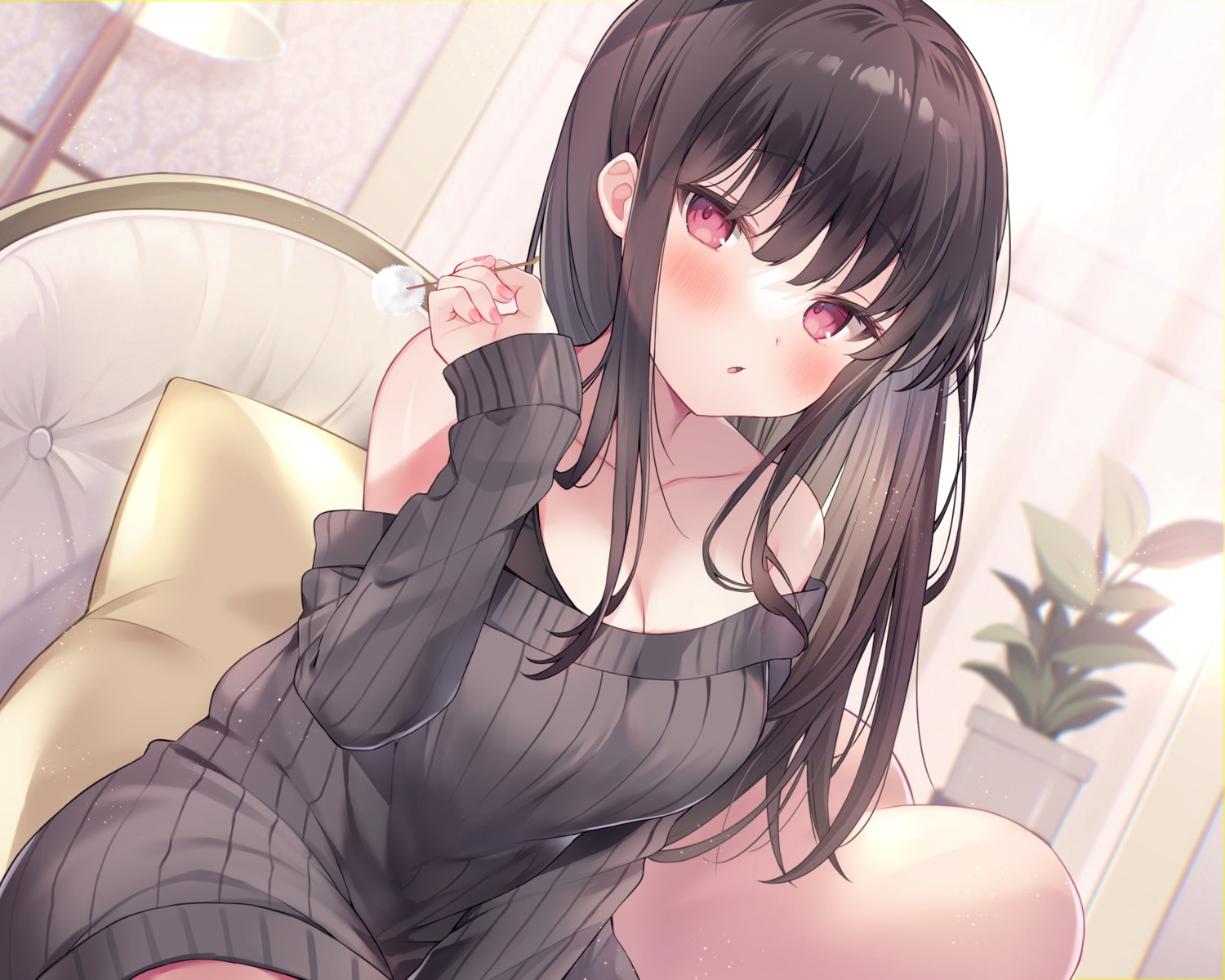 cleavage dress ebihara_beniko no_bra raro sweater