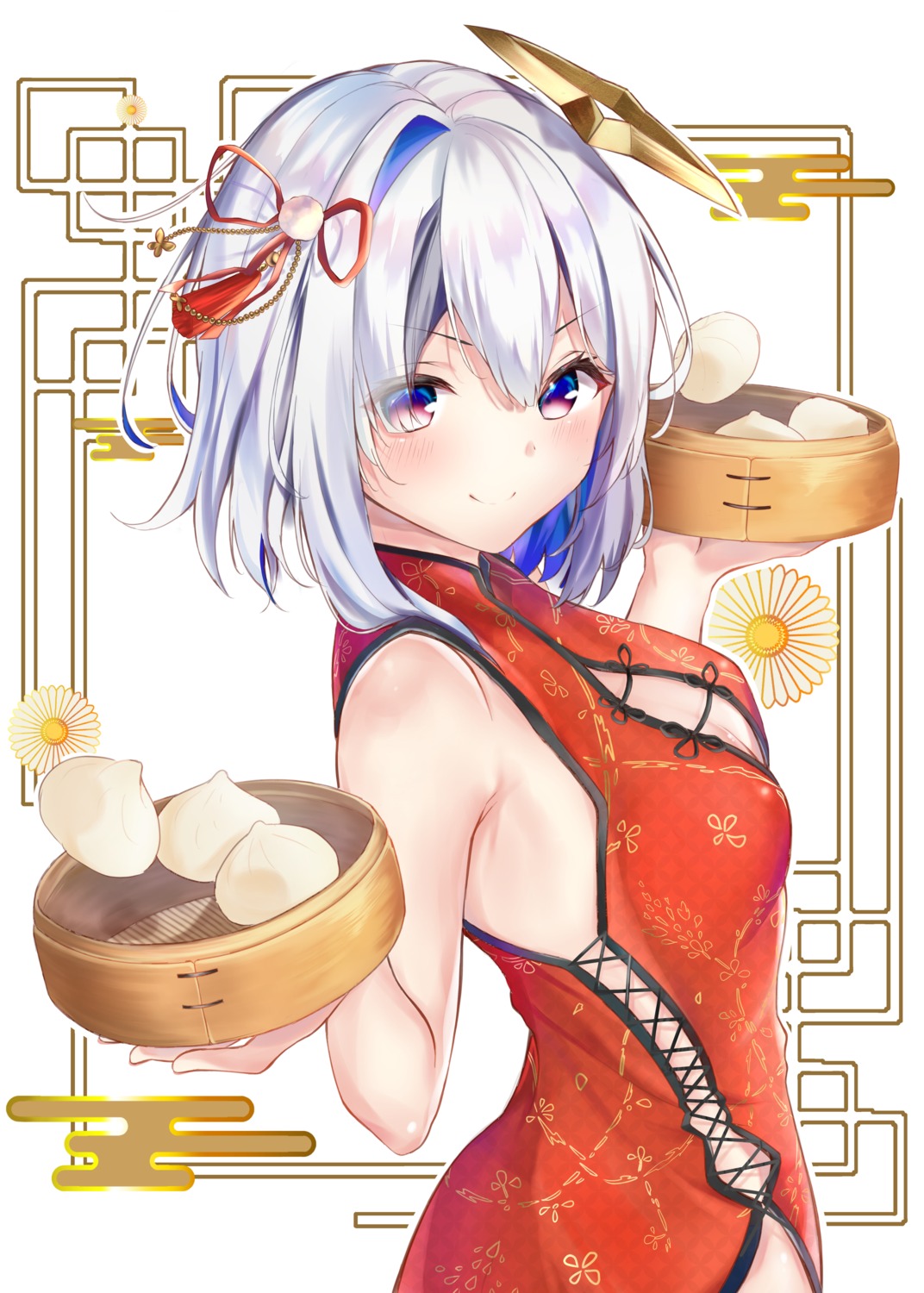 amane_kanata chinadress cleavage halo hololive no_bra taracomax waitress