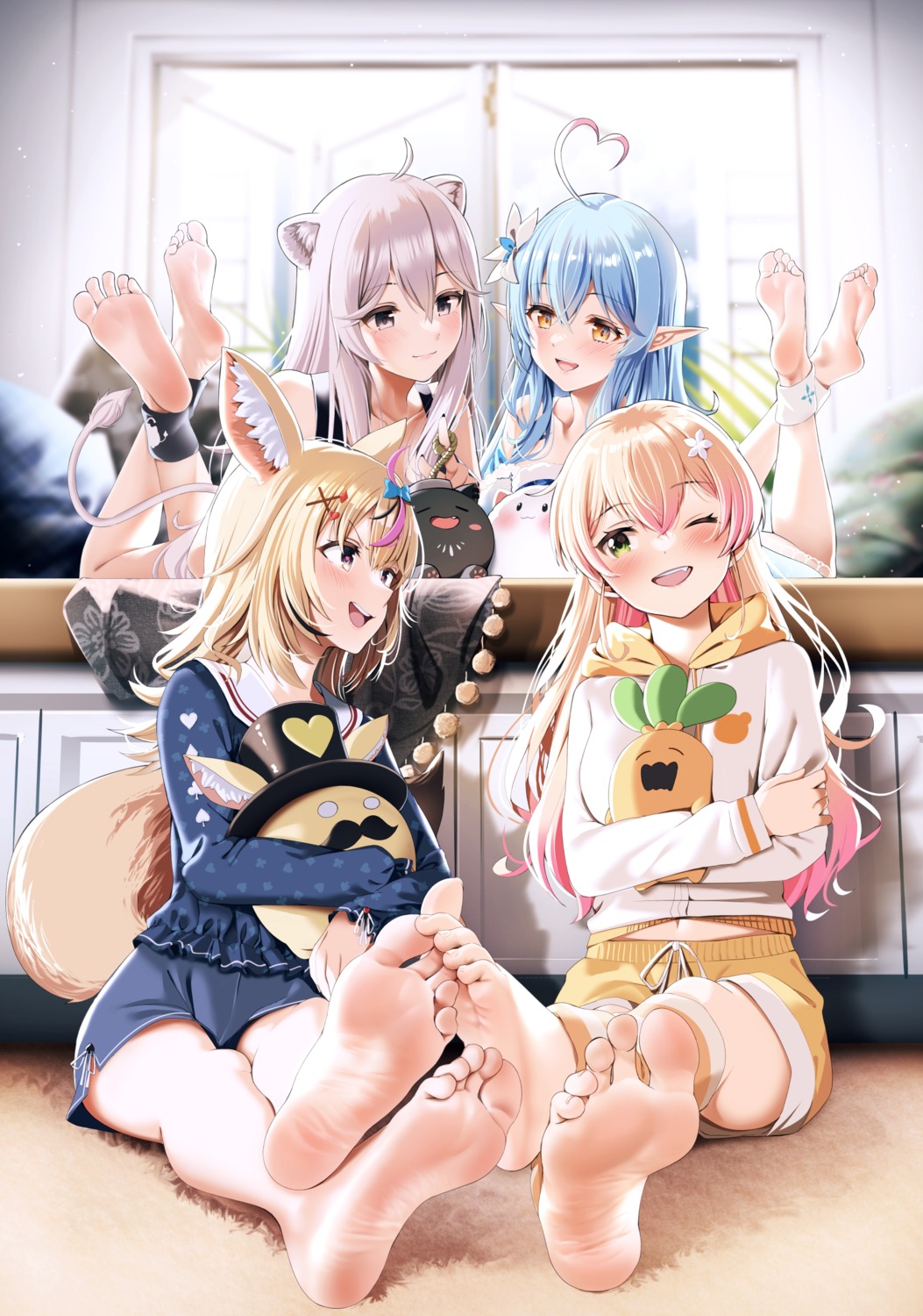 animal_ears casino_(casinoep) elf feet hololive momosuzu_nene omaru_polka pointy_ears shishiro_botan tail yukihana_lamy