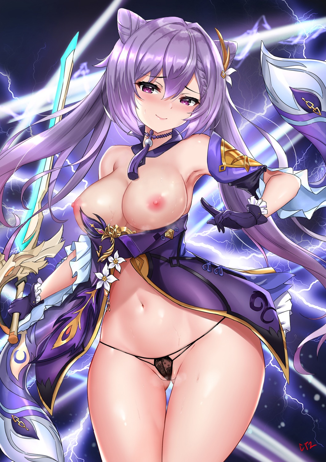 asian_clothes breasts cyicheng genshin_impact keqing nipples no_bra pantsu sword thong