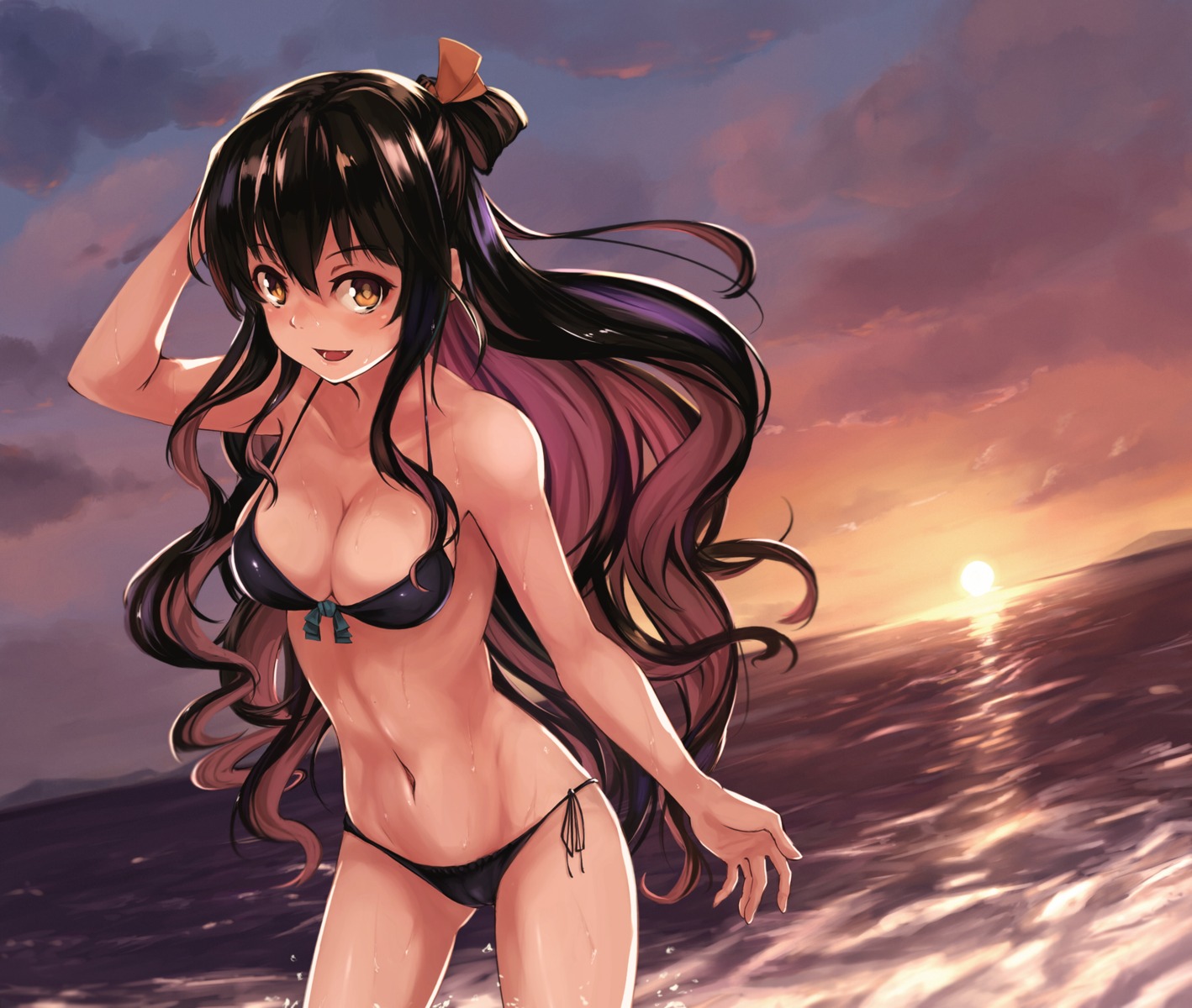 aramaki_echizen bikini cameltoe cleavage kantai_collection naganami_(kancolle) swimsuits wet