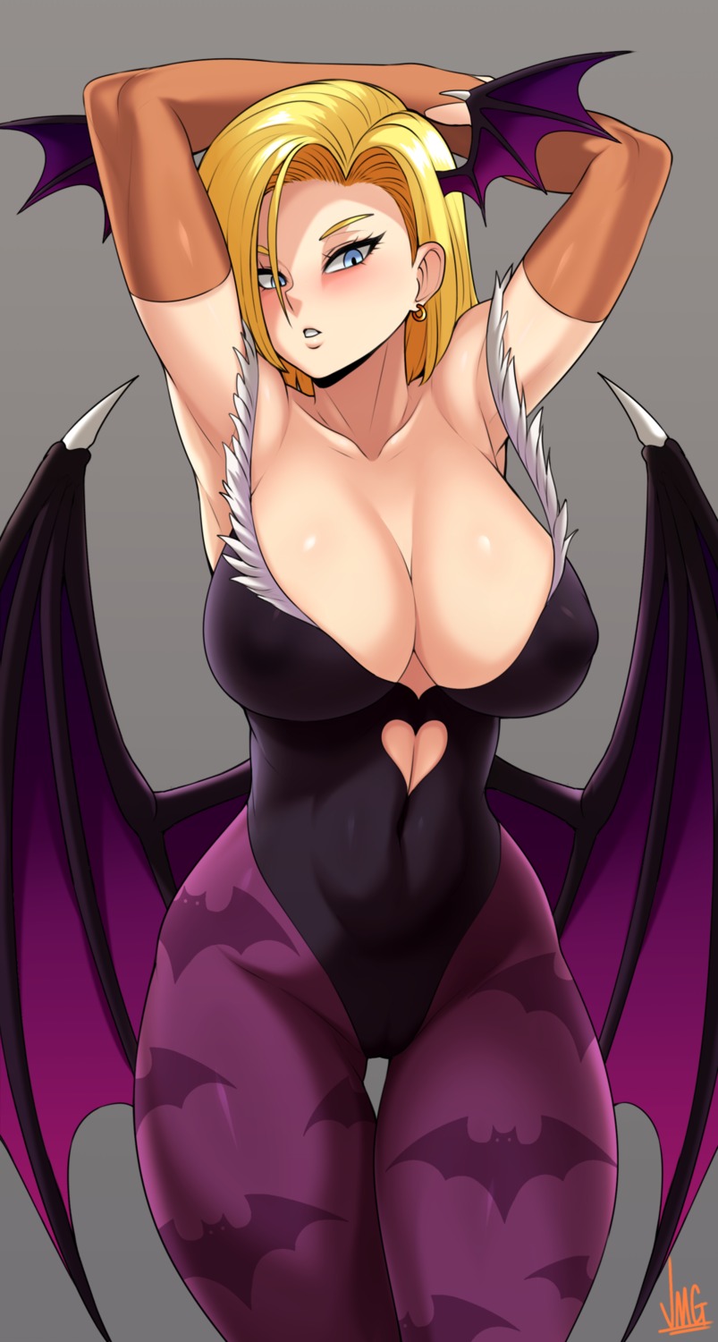 android_18 cameltoe cosplay dark_stalkers dragon_ball dragon_ball_z erect_nipples jmg leotard morrigan_aensland no_bra pantyhose wings