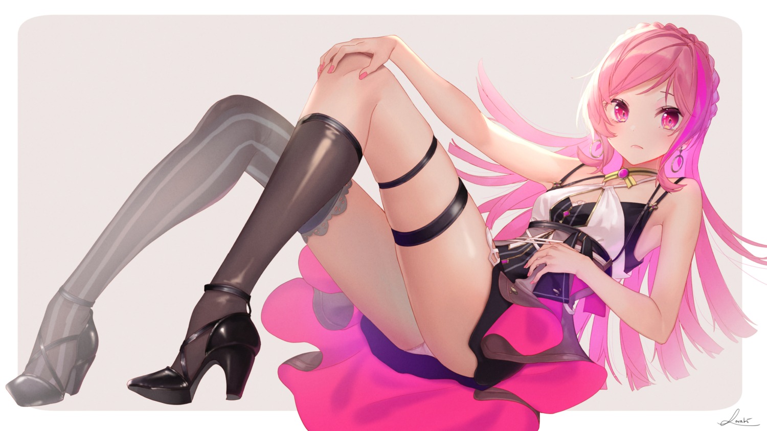 garter heels pantsu saraki skirt_lift thighhighs