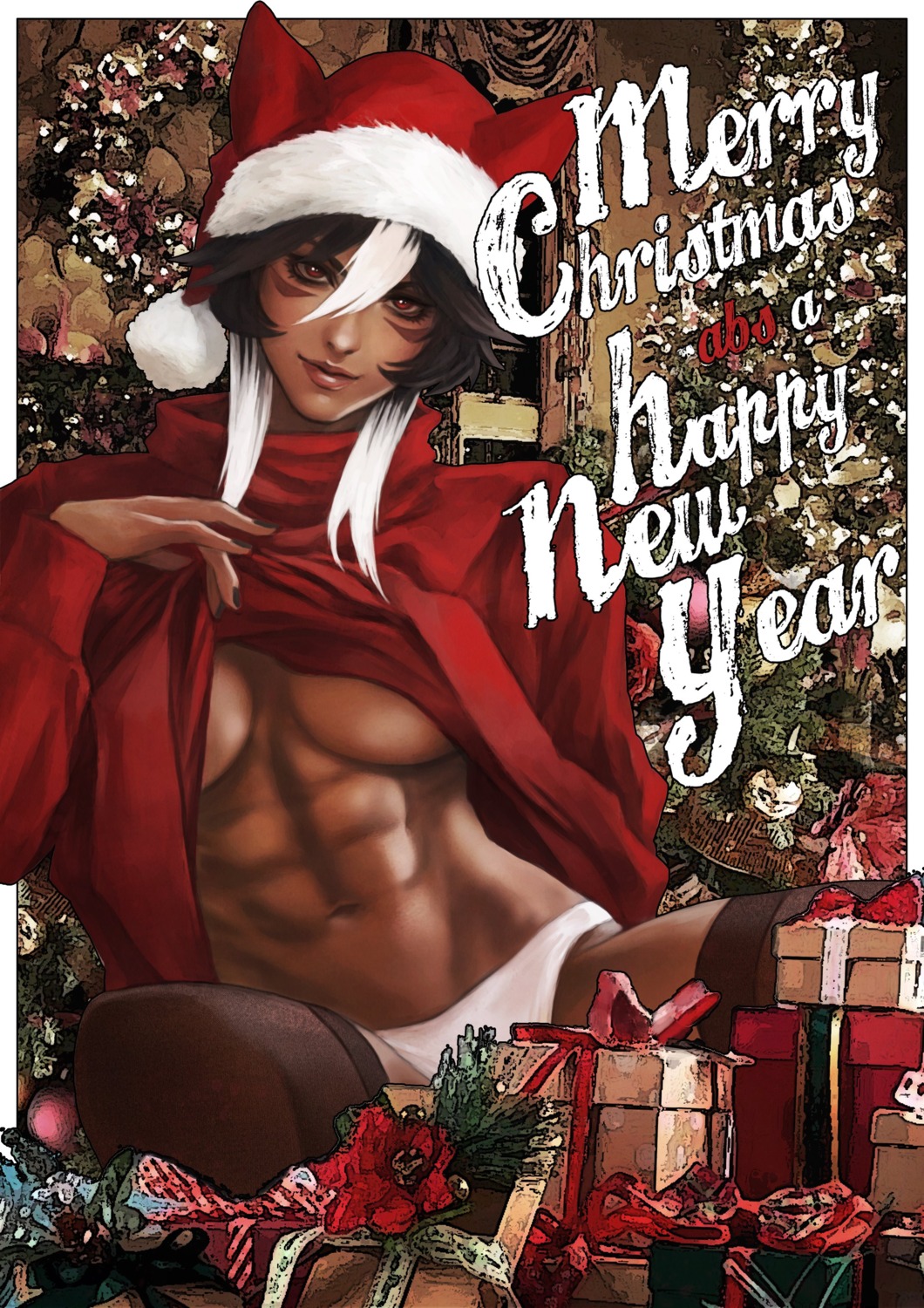 animal_ears christmas monori_rogue no_bra pantsu shirt_lift thighhighs underboob undressing