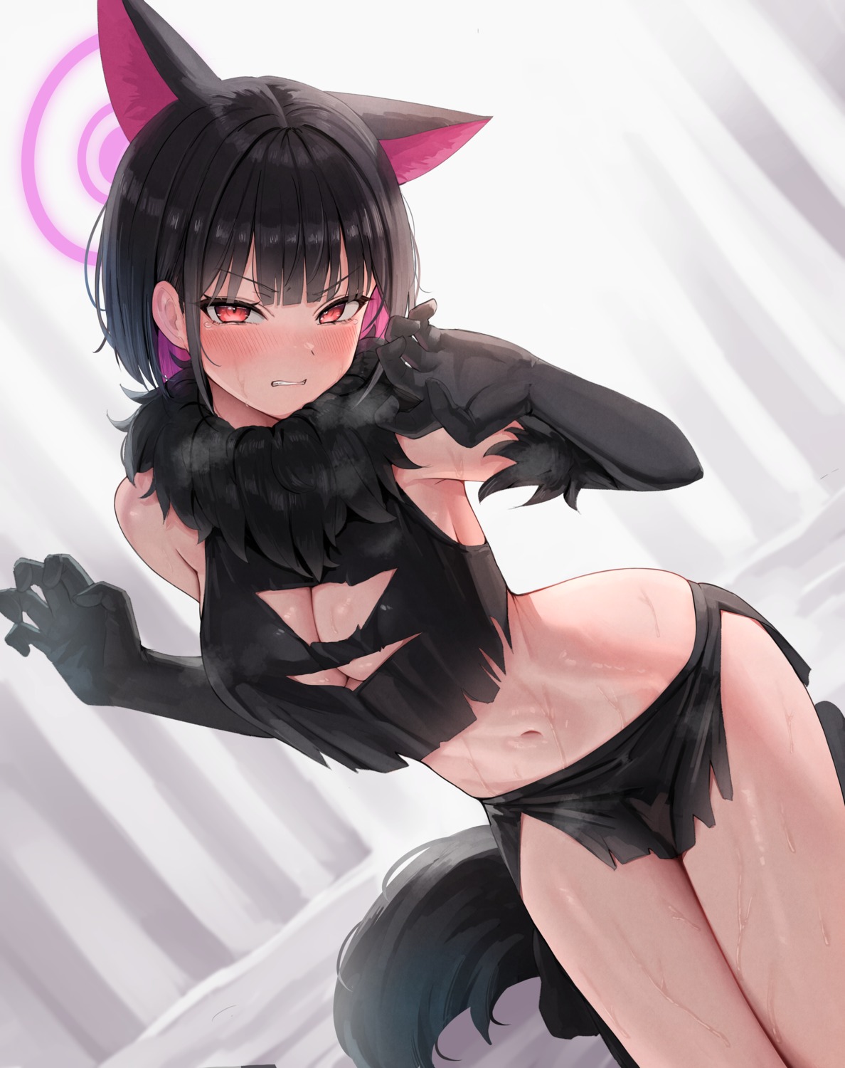 animal_ears blue_archive halo kyouyama_kazusa nekomimi no_bra reinama tail torn_clothes wet