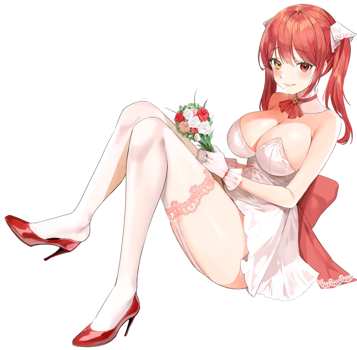 cleavage dress heels heterochromia hololive houshou_marine lillly no_bra skirt_lift stockings thighhighs