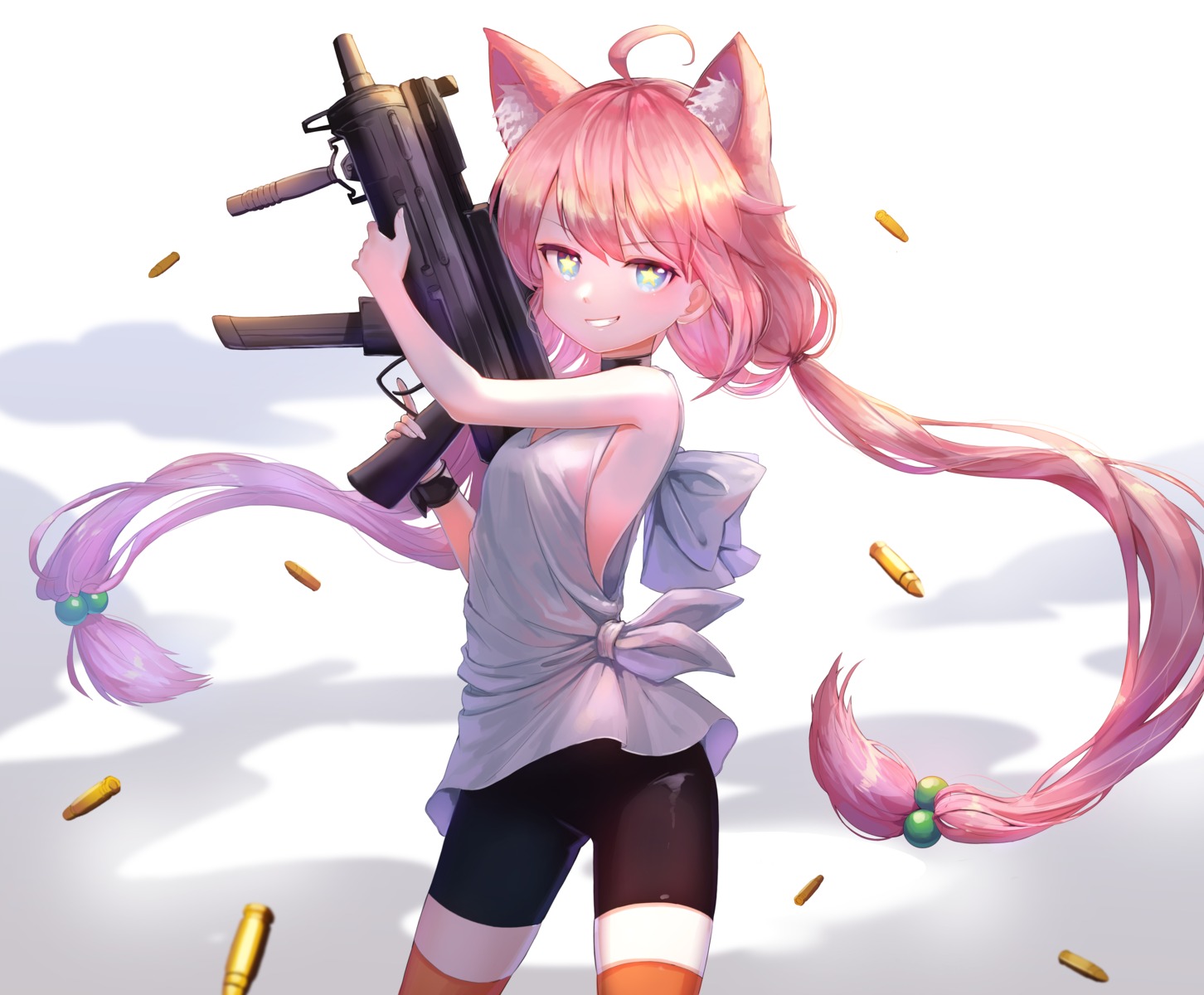 animal_ears ass bike_shorts gun hinata_channel kkkk_kani nekomiya_hinata no_bra