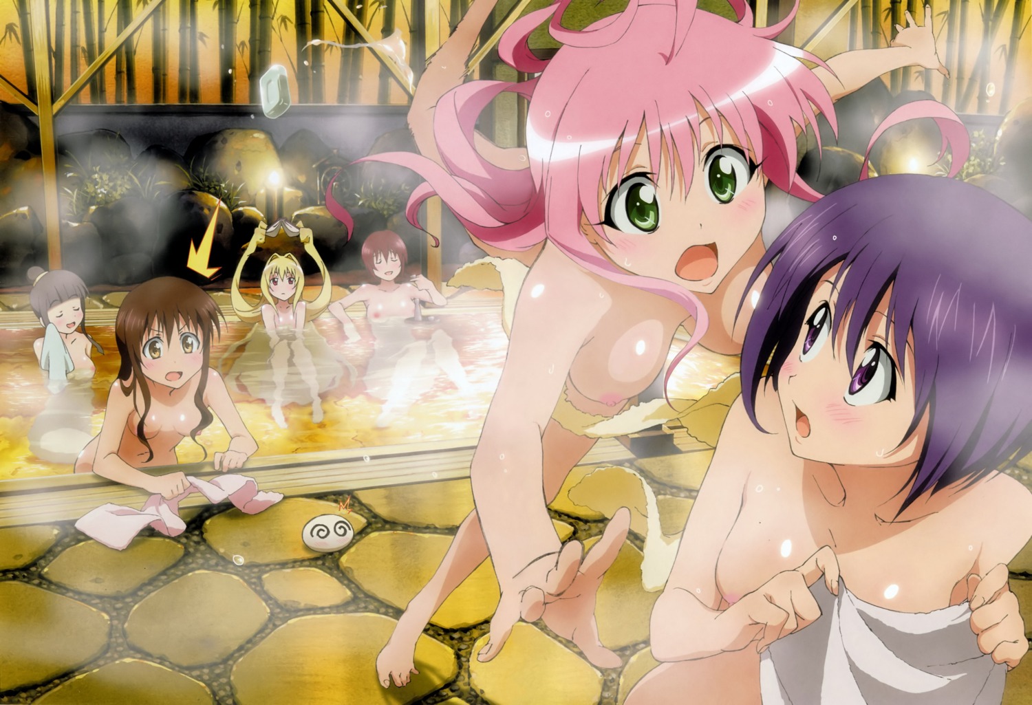 golden_darkness lala_satalin_deviluke mikado_ryouko murasame_oshizu naked nipples onsen photoshop sairenji_haruna to_love_ru towel yuuki_mikan