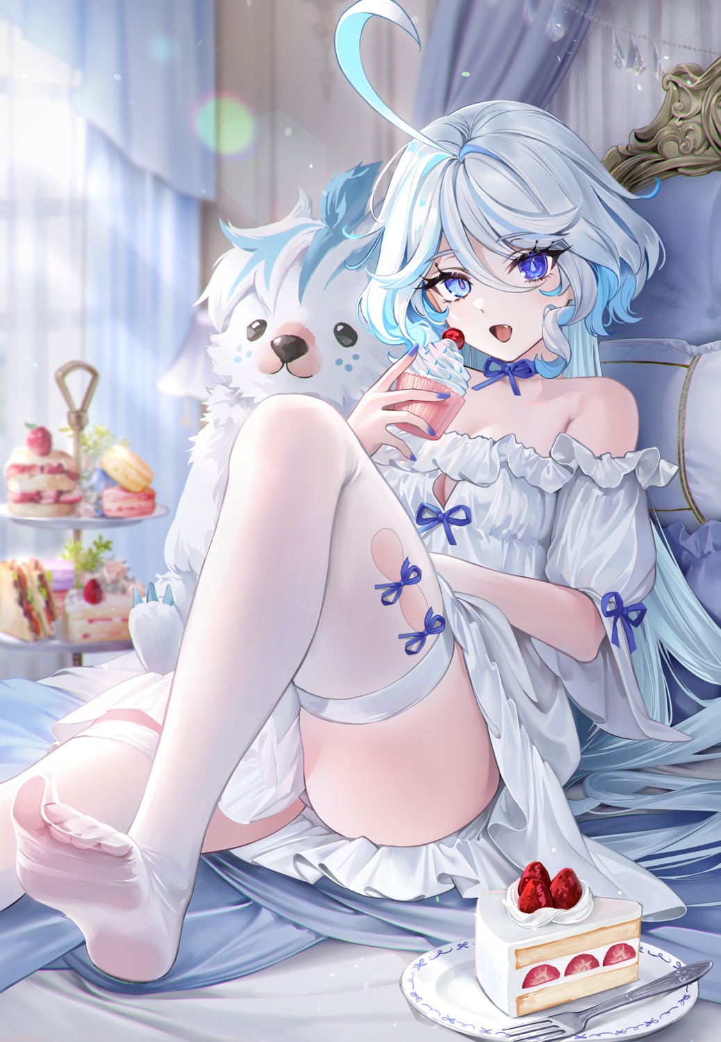 cleavage feet furina garter genshin_impact heterochromia lingerie pantsu rity skirt_lift thighhighs