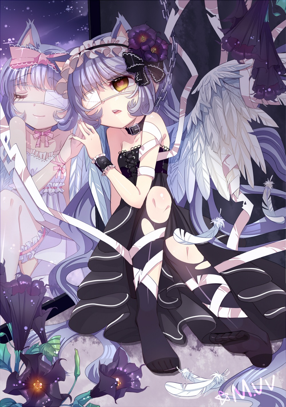 animal_ears dress eyepatch m.vv nekomimi thighhighs torn_clothes wings