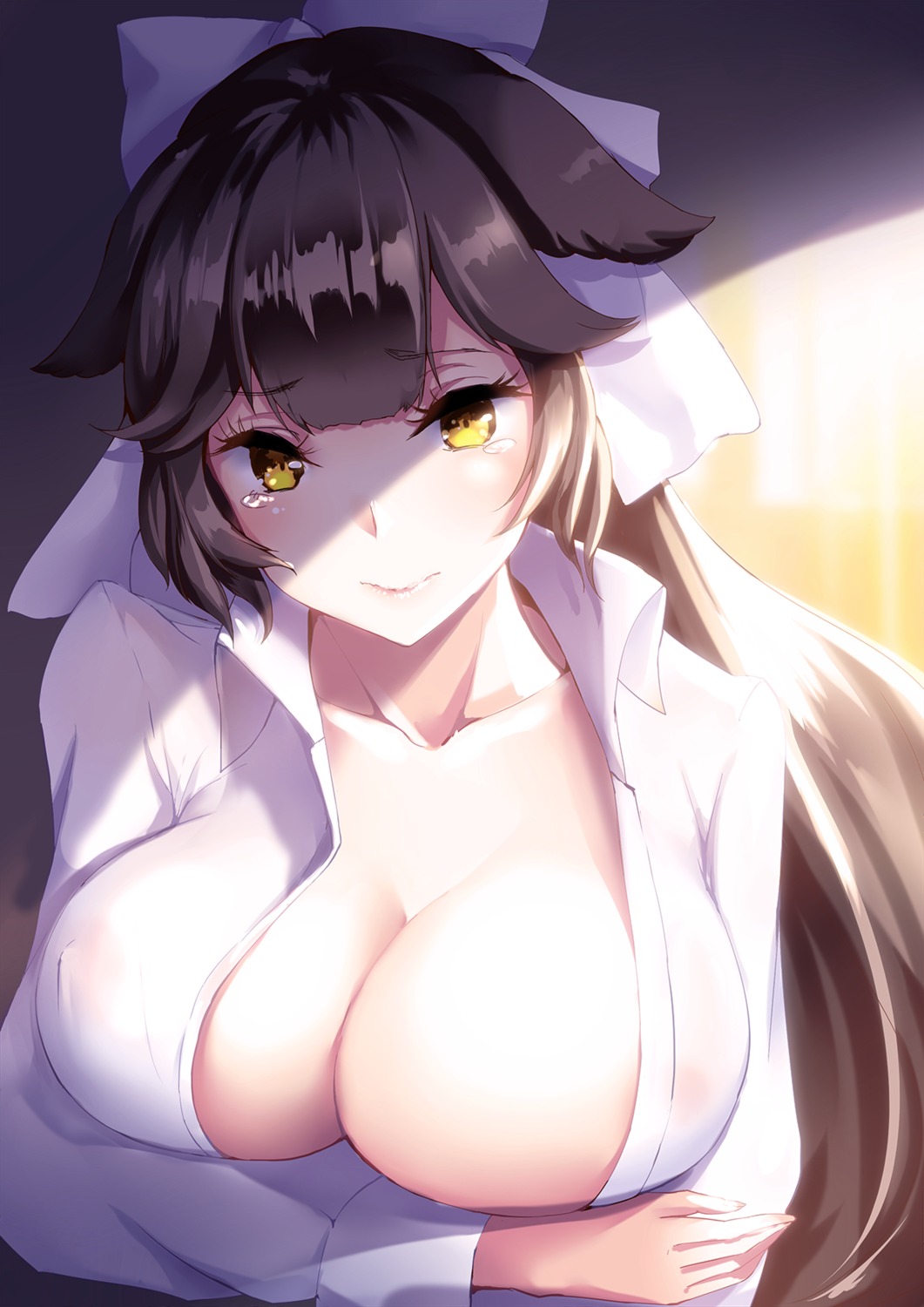 areola azur_lane breast_hold dress_shirt erect_nipples mk-san no_bra open_shirt see_through takao_(azur_lane)