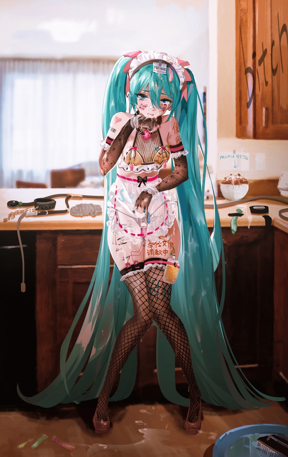 bandaid cum extreme_content fishnets hatsune_miku maid nipples pee pussy_juice see_through tattoo thighhighs vibrator vocaloid ying_yi