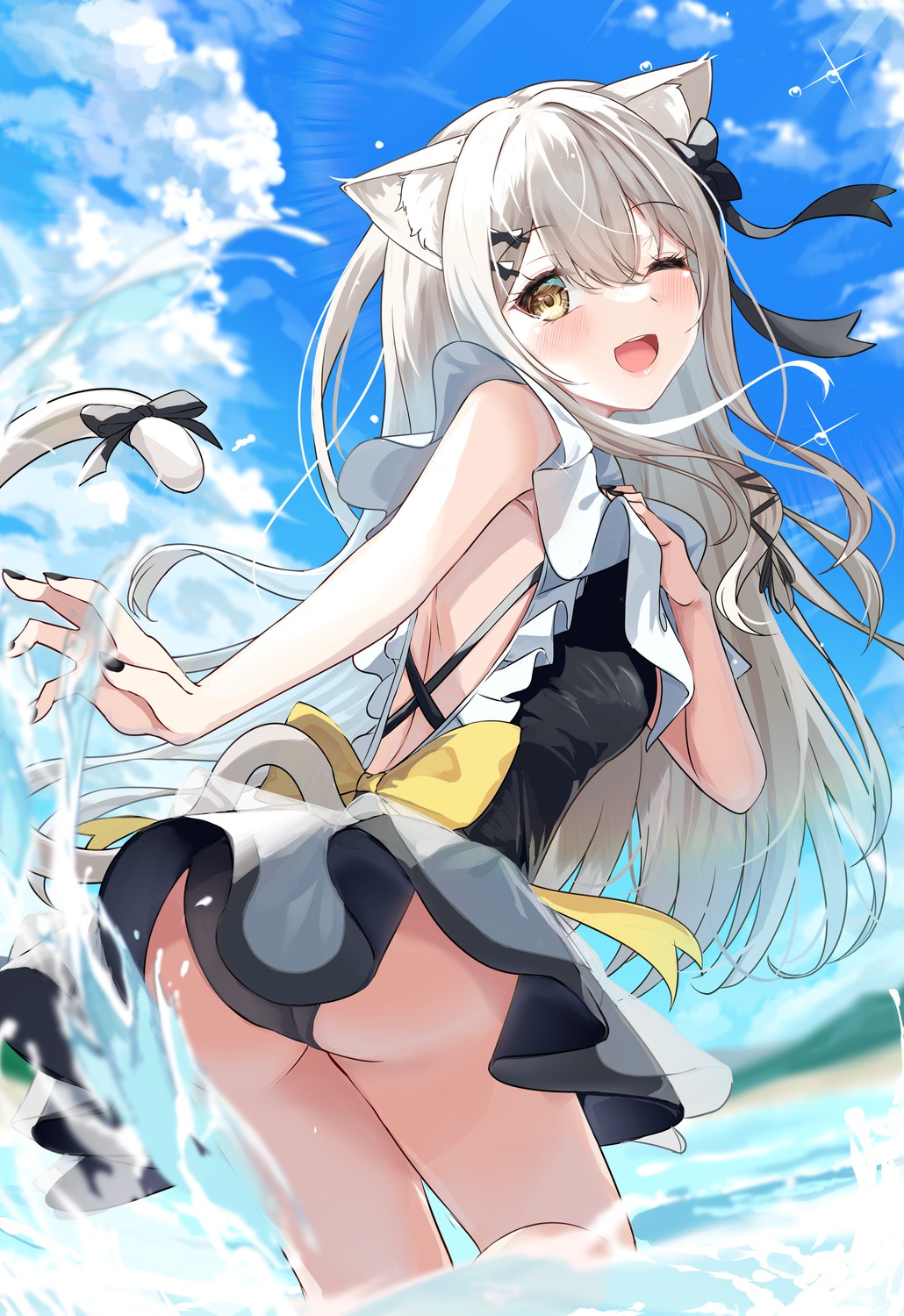 animal_ears ass igayan indie_virtual_youtuber nekodo_oyuchi nekomimi skirt_lift swimsuits tail wet