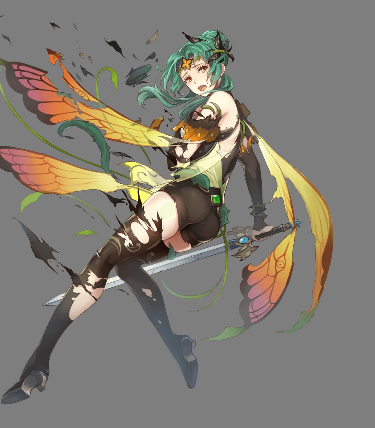 armor ass elincia_ridell_crimea fairy fire_emblem fire_emblem:_souen_no_kiseki fire_emblem_heroes heels niji_hayashi nintendo no_bra sword thighhighs torn_clothes wings