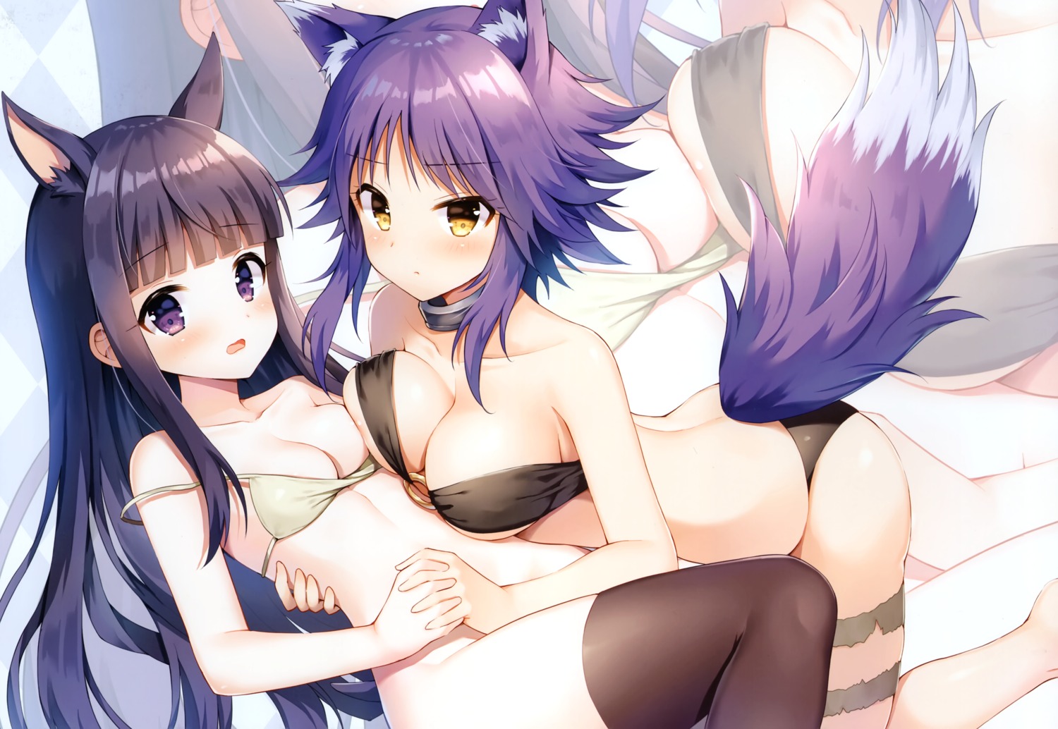 aki_makoto animal_ears bikini kirihara_kasumi kutata princess_connect! princess_connect!_re:dive scanning_dust swimsuits tail thighhighs wata★punch yuri