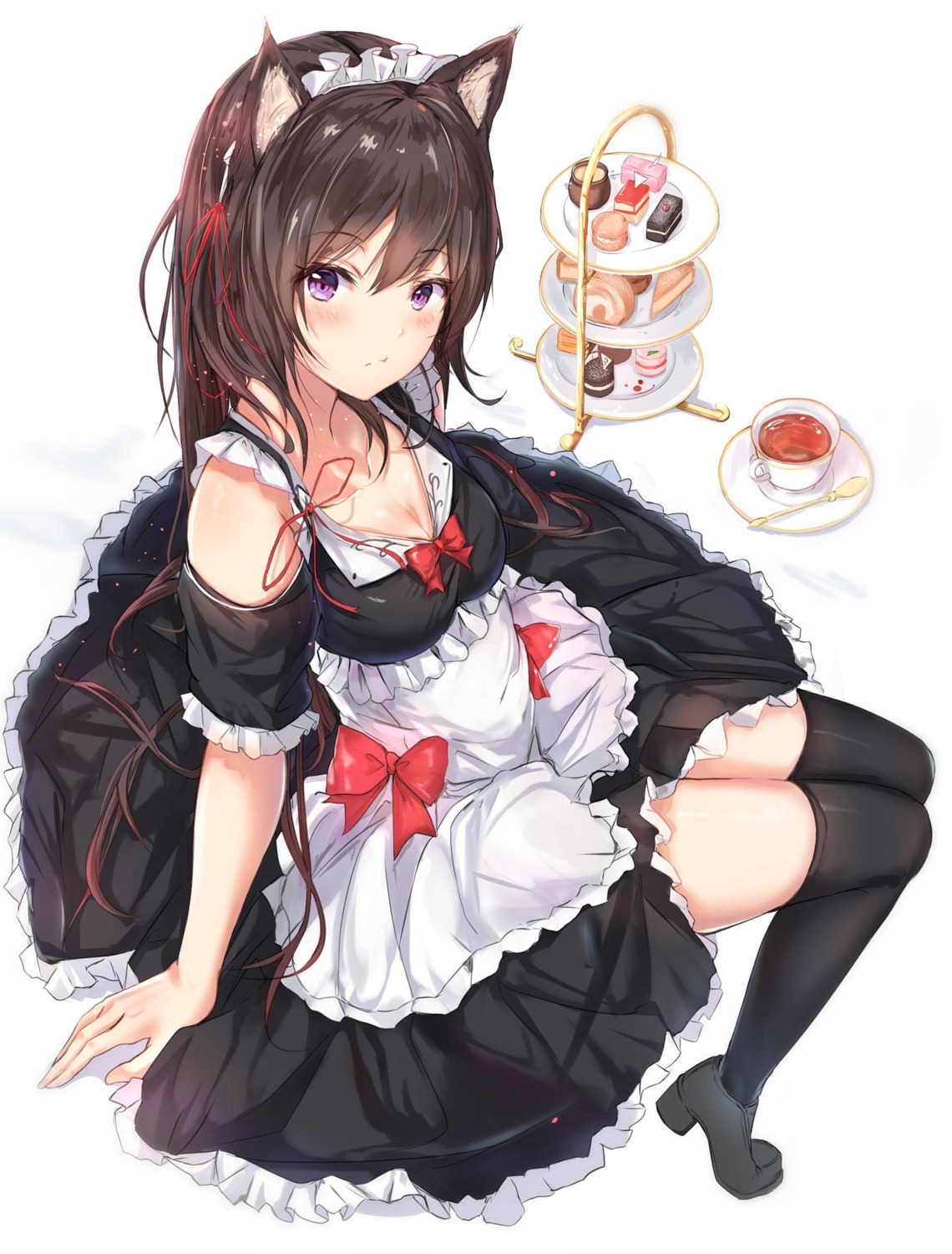 animal_ears cleavage heels maid na_kyo skirt_lift thighhighs