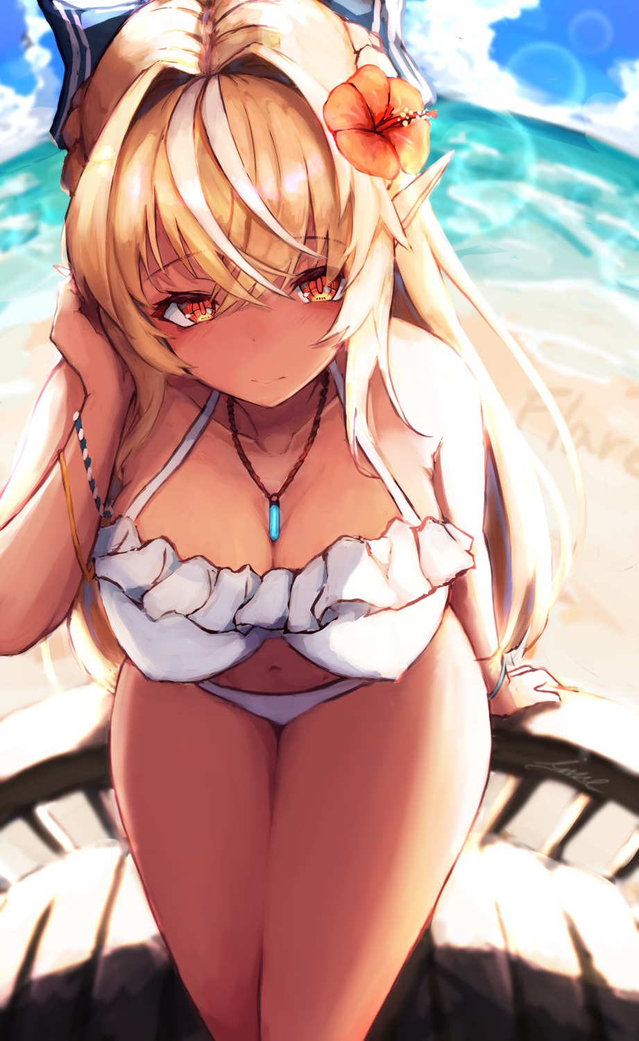 bikini cleavage elf erect_nipples hololive inre_kemomimi pointy_ears shiranui_flare swimsuits